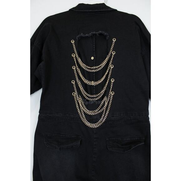 American Bazi Denim Jumpsuit Women S Loose Chain‎ Cut Out Back Stretch Black - Picture 14 of 16